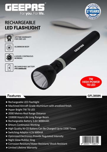 display image 16 for product Geepas Rechargeable LED Flashlight 357MM - Portable Torch | Charge 1500 Times, 6 Hours Continuous Working with 330mAh Rechareable Battery