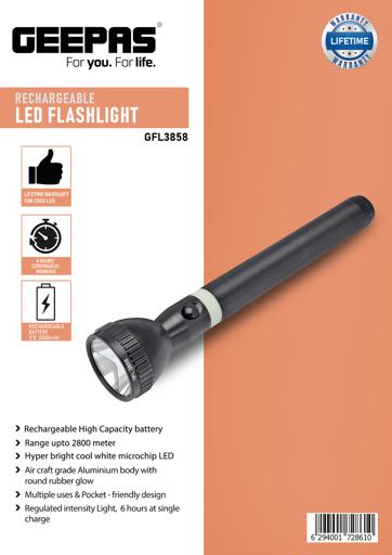 display image 9 for product Geepas Rechargeable LED Flashlight 357MM - Portable Torch | Charge 1500 Times, 6 Hours Continuous Working with 330mAh Rechareable Battery
