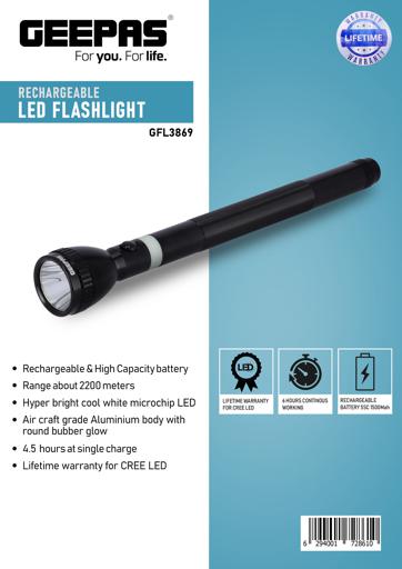display image 8 for product Geepas Rechargeable LED Flashlight 363mm -  Portable Torch | Charge Multiple Times, 6 Hours Working with 1900 mAh  Battery | Ideal for Walk, Camps, Trekking & More