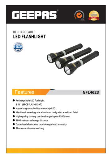 display image 10 for product Geepas GFL4623 3Pcs Rechargeable Led Flashlight 265MM - Portable Aluminium Body with Optimized Electronics | 2 Hours Continuous Working | 2 Years Warranty