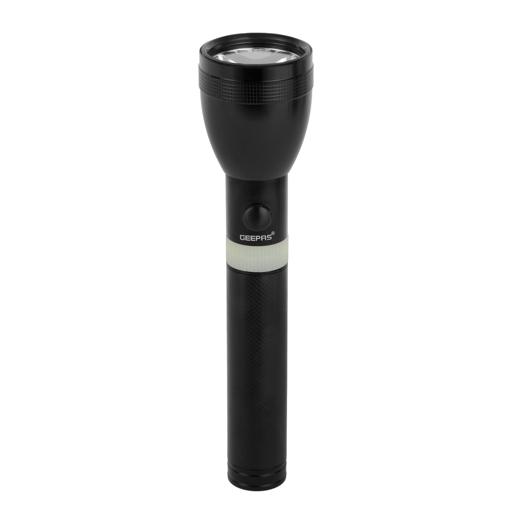 display image 1 for product Geepas Rechargeable LED Flashlight- GFL4641| Perfect for Indoor and Outdoor Use, 2 Hours Continuous Working| With Aircraft Aluminum Housing, Hyper Bright Cool White Microchip LED, Li Battery| Black