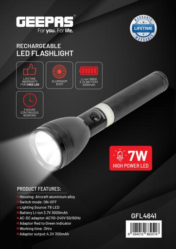 display image 12 for product Geepas Rechargeable LED Flashlight- GFL4641| Perfect for Indoor and Outdoor Use, 2 Hours Continuous Working| With Aircraft Aluminum Housing, Hyper Bright Cool White Microchip LED, Li Battery| Black