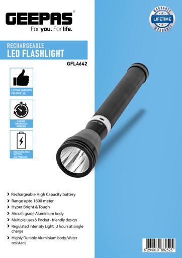 display image 9 for product Geepas Rechargeable Led Flashlight - Hyper Bright White Chip Led Torch 1800 Meters High Range