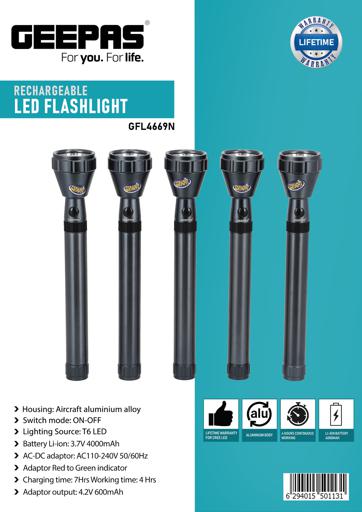 display image 12 for product Geepas Rechargeable LED Flashlight 258.5mm - Portable Hyper Bright with 2000 Meters Range & 4 Hours Working | Ideal for Patrolling, Trekking, Emergency Power Cut