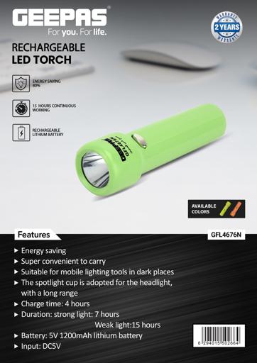 Geepas GFL4676 - Rechargeable LED Torch with Emergency Lantern, Multi-functional Camping Light with Torch and Lantern Mode, LED Searchlight  for Emergency, Fishing, Hiking, Power Cuts & More