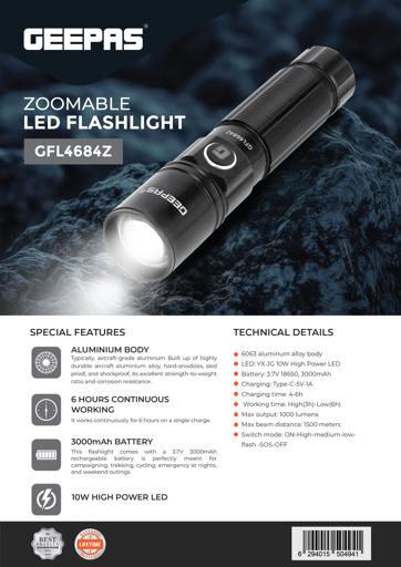 display image 14 for product Geepas GFL4684 Rechargeable LED Flashlight - High Power Flashlight| Built-in 900mAh Battery ,1 Hour Working | Powerful Torch for Camping, Trekking, Outdoor Activities