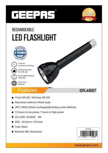 display image 8 for product Geepas GFL4687 Rechargeable LED Flashlight - 2400 mAh Battery 7 Hours Working | Long Range Pocket Friendly Flashlight | 2 Years warranty