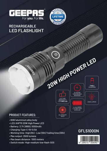 display image 10 for product Geepas Rechargeable Led Flashlight - Hyper Bright Cre Led Torch Light