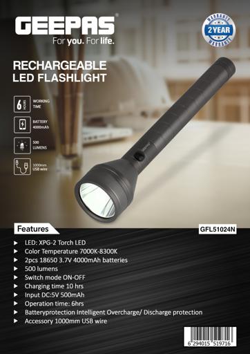 display image 22 for product Geepas GFL51024UK Rechargeable LED Flashlight XPE Torch LED for Super Brightness | 4 Hours Working Time | 320 Lumens Torch Light Long Distance Range | Powerful Handheld Torch for Camping, Outdoor Activities