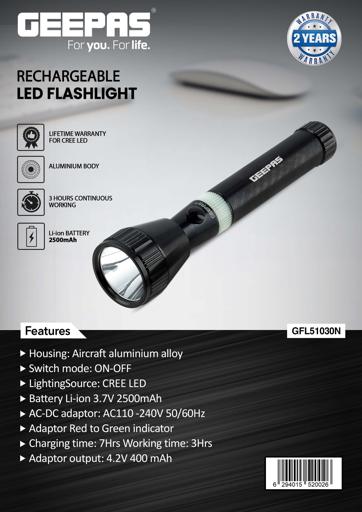 display image 18 for product Geepas GFL51030 Rechargeable LED Flashlight - 1800 Meters Range & High Beam Light | 2 Hours Working with 1900 mAh Battery | Ideal for Trekking, Camping, Power Cuts & More