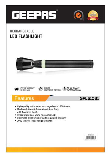 display image 11 for product Geepas GFL51031 Rechargeable LED Flashlight - LED Torch with 2000 Meters Range, Portable Design & 3 Hours Working |Perfect for Camping Bicycle Hiking & Emergency
