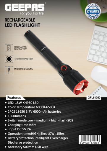 display image 17 for product Rechargeable LED Flashlight, 15 Hours Working Time, GFL51050 | 6000K-6500K Hyper Bright Light | 2PCS 18650 3.7V 6000mAh Batteries | Overcharge/ Discharge Protection