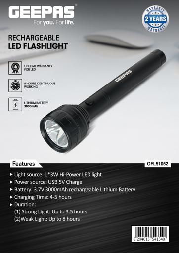 display image 15 for product Rechargeable LED Flashlight, USB Rechargeable, GFL51052 | 8hrs Working Torch | Lithium Battery | Ideal for Camping, Trekking & Outdoor Activities