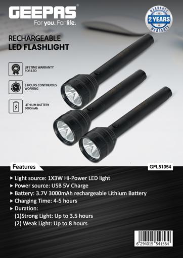 display image 16 for product Rechargeable LED Flashlight, USB Rechargeable, GFL51054 | 3Pcs Set of Flashlight | 8hrs Working | Ideal for Camping, Trekking & Outdoor Activities