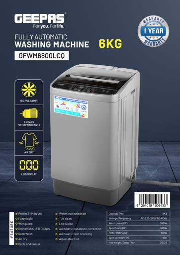 display image 9 for product Geepas Fully Automatic Top Loaded Washing Machine 6kg - Auto-Imbalance, Gentle Fabric Care, Turbo Wash, Anti Vibration & Noise, Child Lock, Stainless Steel Drum