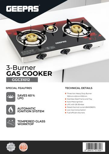 display image 36 for product Geepas GGC31012 3-Burner Gas Cooker Size 70mm, 40mm & 90mm Respectively - Ergonomic Design, Automatic Ignition, 3 Heating Zones |Stainless Steel Frame & Tray