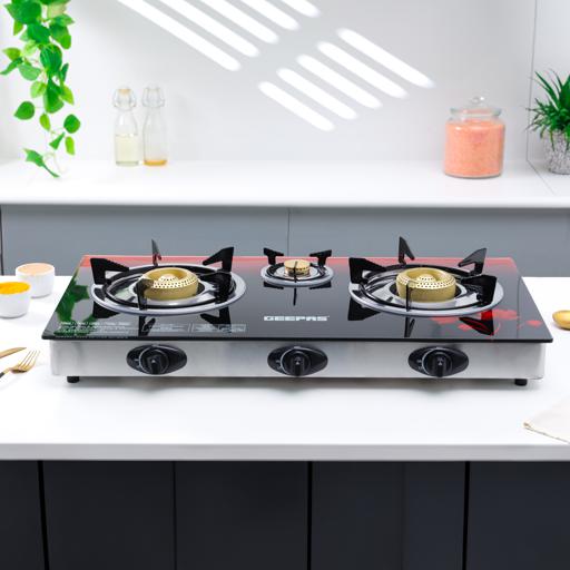 display image 13 for product Geepas GGC31012 3-Burner Gas Cooker Size 70mm, 40mm & 90mm Respectively - Ergonomic Design, Automatic Ignition, 3 Heating Zones |Stainless Steel Frame & Tray