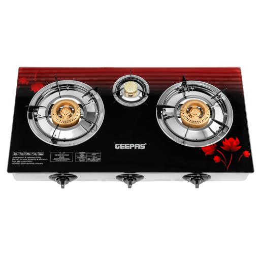 display image 0 for product Geepas GGC31012 3-Burner Gas Cooker Size 70mm, 40mm & 90mm Respectively - Ergonomic Design, Automatic Ignition, 3 Heating Zones |Stainless Steel Frame & Tray