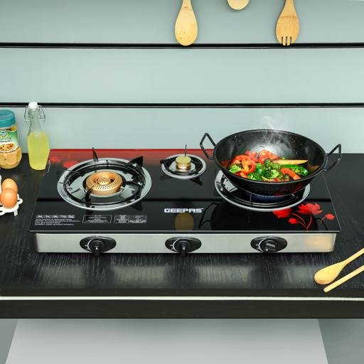 display image 3 for product Geepas GGC31012 3-Burner Gas Cooker Size 70mm, 40mm & 90mm Respectively - Ergonomic Design, Automatic Ignition, 3 Heating Zones |Stainless Steel Frame & Tray