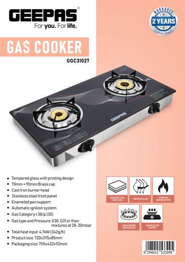 display image 6 for product Gas Cooker, Stainless Steel Front Panel, GGC31027 - Indian Burner Saves Gas 60%, Enamelled Pan Support,2 Years Warranty, Cast Iron Burner Head, Tempered Glass with Printing Design