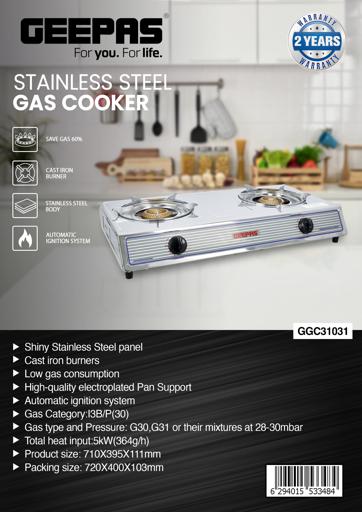 display image 9 for product Stainless Steel Gas Cooker, Save Gas 60%, GGC31031 - Stainless Steel Body, Automatic Ignition System, Cast Iron Burner, High-Quality Electroplated Pan Support