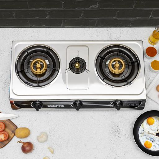 display image 1 for product Stainless Steel Gas Cooker, Auto Piezo Ignition, GGC31026 | Triple Gas Burner | Low Gas Consumption | FFD | Cast Iron Mixing Tube