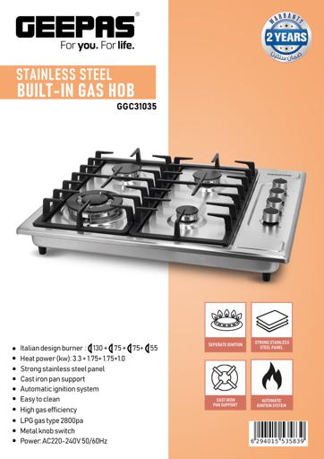 display image 18 for product Stainless Steel Built-In Gas Hob, GGC31035 | 4 Burners | Automatic Ignition System | LPG Gas Type 2800pa | Metal Knob | Cast Iron Pan Support