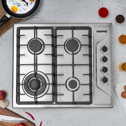 display image 1 for product Stainless Steel Built-In Gas Hob, GGC31035 | 4 Burners | Automatic Ignition System | LPG Gas Type 2800pa | Metal Knob | Cast Iron Pan Support