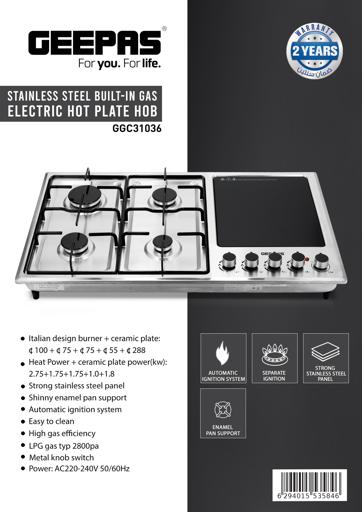 display image 14 for product Stainless Steel Built-In Gas Electric Hot Plate Hob, GGC31036 | 4 Burners & 1 Hot Plate | LPG Gas Type & Auto Ignition System | Metal Knob | Cast Iron Pan Support