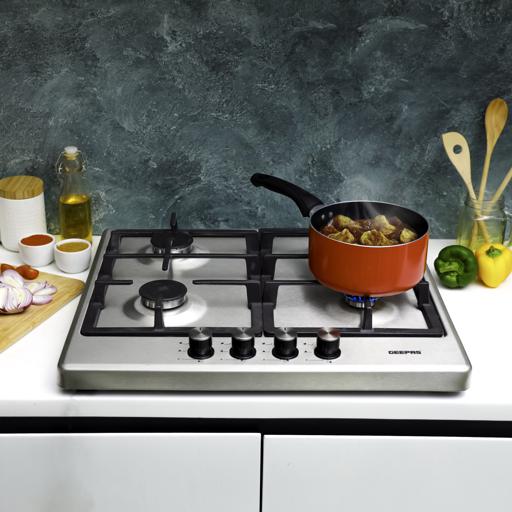 display image 3 for product Table Top Gas Hob, Stainless Steel Gas Cooktop, GGH6022NST | 4 Burner Auto-Ignition Gas Stove | Cast-Iron Pan Support | Sabaf Burners with FFD