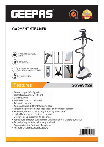 display image 9 for product Garment Steamer, 1580W Vertical Steamer, GGS25022 | Portable, Fast Heat Clothes Steamer | Dual Steam Levels | 1.5L Large Water Tank | Perfect for All Types Of Clothes