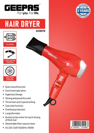 display image 7 for product Geepas 1500W Hair Dryer - 2-Speed Strong Wind & 3 Heat Settings with Cool Shot Function For Frizz-Free Shine Hairs | Overheat Protected | 2 Years Warranty