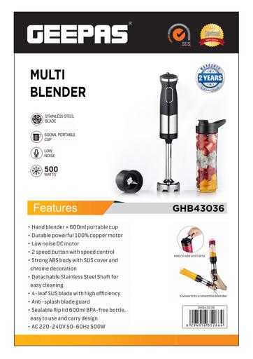 display image 15 for product Multi Blender, Hand Blender with 600ml Cup, GHB43036 | 2 Speed Control | 4 Leaf Blade for Chopper/Food Processor| Ideal for Smoothies, Shakes, Baby Food, Grinding & Fruits