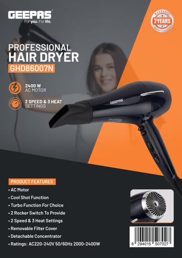 display image 13 for product Geepas GHD86007 2000W  Ionic Hair Dryer - Professional Conditioning Hair Dryer for Frizz Free Styling with Concentrator - 2-Speed & 3 Temperature Settings, Cool Shot Function  Powerful | 2-Years Warranty