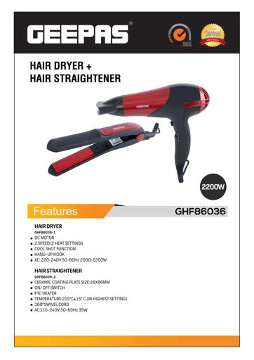 display image 13 for product Geepas 2200W Hair Dryer & Hair Straightener - 2 Speed & 2 Heat Setting with Cool Shot Function | Ceramic Coating Plates | Ideal for Short /Long Hairs