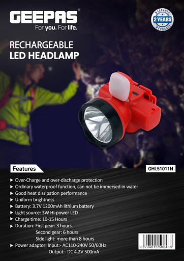 display image 14 for product Geepas GHL51011 - Rechargeable LED Head Torch 1500mAh - Super Bright Led 3W, 7 Hours Working Time, Perfect to Multiple Use Like Construction Site, Campaigning, Hiking, Climbing & More | 2 Years Warranty