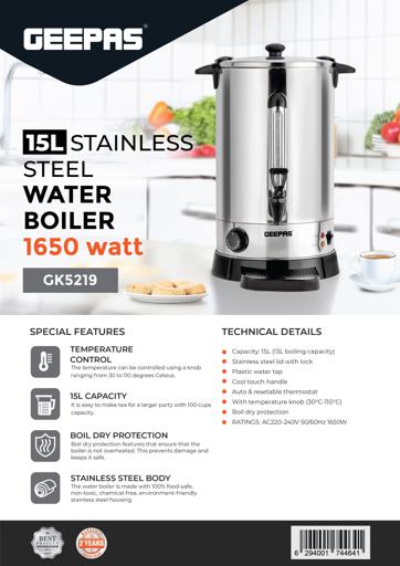 display image 13 for product Stainless Steel Electric Kettle, 15L Tap Kettle, GK5219 | Hot Water Dispenser with Automatic Temperature Control | Indicator Lights | Perfect for Tea, Coffee, Soup