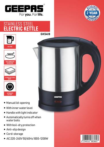 display image 8 for product Geepas GK5418 1350W Travel Electric Kettle - Stainless Steel Housing, Boil-Dry & Overheat Protection |Boiler for Hot Water, Tea & Coffee | 1.0L | 2 Year Warranty