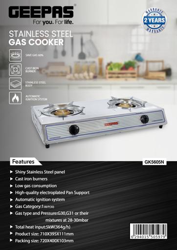 display image 9 for product  Automatic Ignition System Stainless Steel Gas Stove GK5605 Geepas