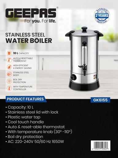 display image 22 for product Geepas 10L Water Boiler 1650W - Auto & Reset Thermostat with High Energy Efficient | Stainless Steel Body | Perfect for Hotels, Home, Hospitals | 2 Years Warranty