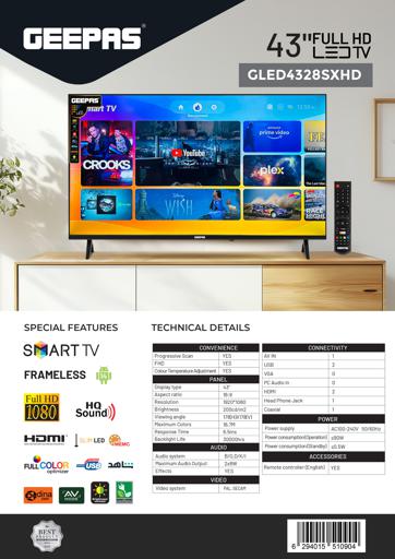 display image 8 for product Geepas 43" Smart LED TV, TV with Remote Control, GLED4328SXHD | HDMI & USB Ports, Head Phone Jack, PC Audio In | Wi-Fi, Android 9.0 with E-Share | YouTube, Netflix, Amazon Prime