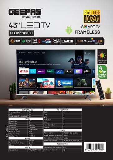 display image 11 for product Geepas 43" Smart LED TV, TV with Remote Control, GLED4328SXHD | HDMI & USB Ports, Head Phone Jack, PC Audio In | Wi-Fi, Android 9.0 with E-Share | YouTube, Netflix, Amazon Prime