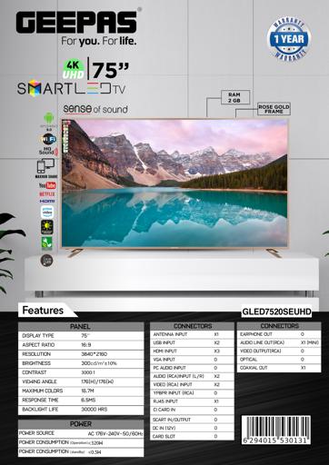 display image 16 for product 75" Smart LED TV, TV with Remote Control, GLED7520SEUHD | HDMI & USB Ports, Head Phone Jack, PC Audio In | Wi-Fi, Android 9.0 with E-Share | YouTube, Netflix, Amazon Prime
