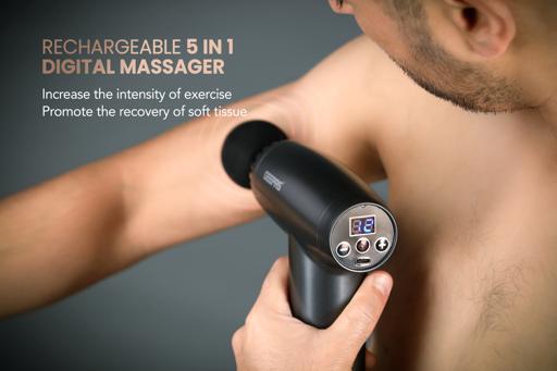 display image 5 for product Rechargeable 5-in-1 Digital Massager, Massage Gun, GM86060 | 30 Speeds Percussion Muscle Massager | Portable Fascia Gun with 4 Massager Heads for Athletes Muscle Tension Pain Relief