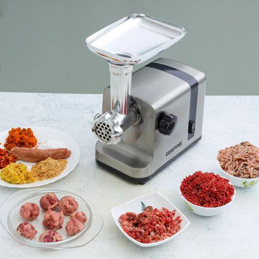 display image 1 for product Stainless Steel Meat Grinder, Alloy Steel Blades, GMG42506 | Electric Meat Mincer With Reverse Function | 3 Metal Cutting Plates, Accessories, Metal Gears | Ideal For Meat Processing