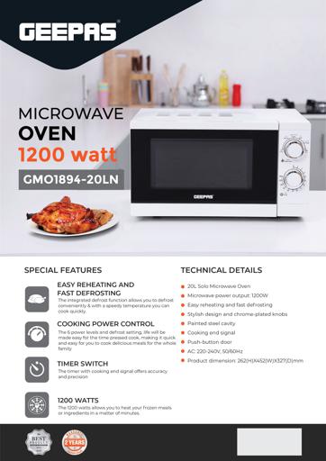 display image 8 for product Microwave Oven, 20L Solo Electric Oven, GMO1894 | Re-Heating and Fast Defrosting | Adjustable Temperature & Timer Function | 1200W Powerful Oven