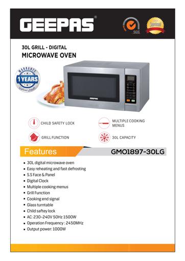 display image 10 for product Digital Microwave Oven 30L | 1500W Oven with Multiple Cooking Menus |Reheating, Defrost & Grill | Ideal Grilling, Roasting, Heating & More - Geepas 