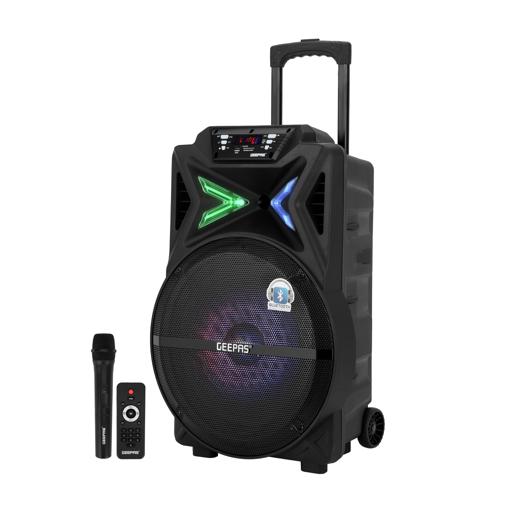 Geepas GMS11131 Rechargeable Trolley Bluetooth Speaker - Wireless Microphones, Rechargeable Battery |Karaoke DJ Speaker |Trolley Handle, USB & Auxiliary Inputs hero image