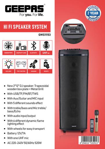 display image 12 for product Hi-Fi Speaker with UHF Mic & Remote | USB & BT | GMS11153 | With TF, FM and TWS Functions | Includes Aux/Guitar and MIC Input |  2*12" DJ Speaker