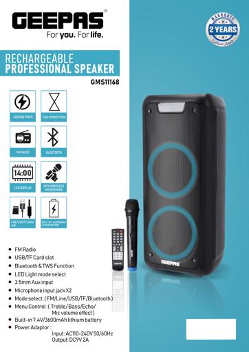 display image 13 for product Rechargeable Professional Speaker, 40000W PMPO, GMS11168 | TWS Connection, BT/FM/USB/TF Card | LED Display | Wireless Microphone | 7.4V/3000mAh Lithium Battery